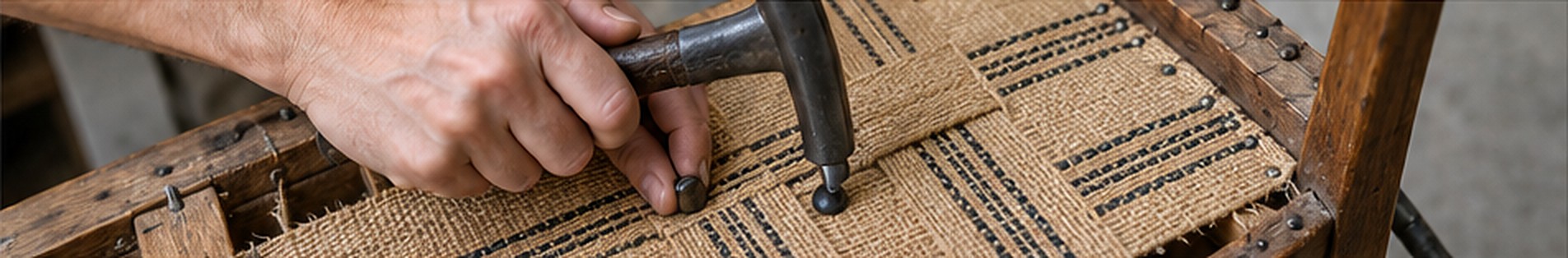 麻のベルトを張った座面に、金づちで鋲を打つ手元